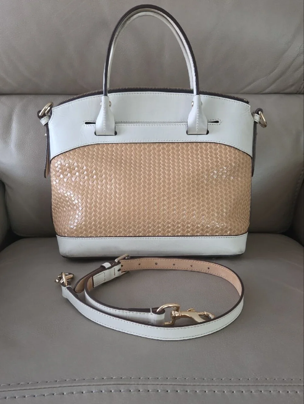 Dooney & Bourke Beige Woven and White Leather Satchel